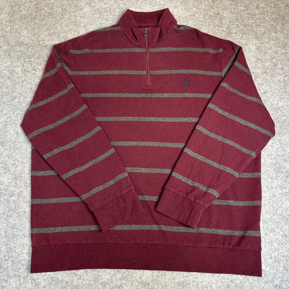 Polo Ralph Lauren Mens Sweater XXL Burgundy Gray Striped Quarter Zip Pullover